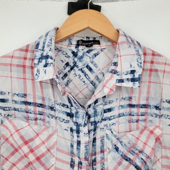 Signature Studio Women's Plaid Button Down Roll Tab Sleeve Shirt Red White‎ Blue - Picture 3 of 11